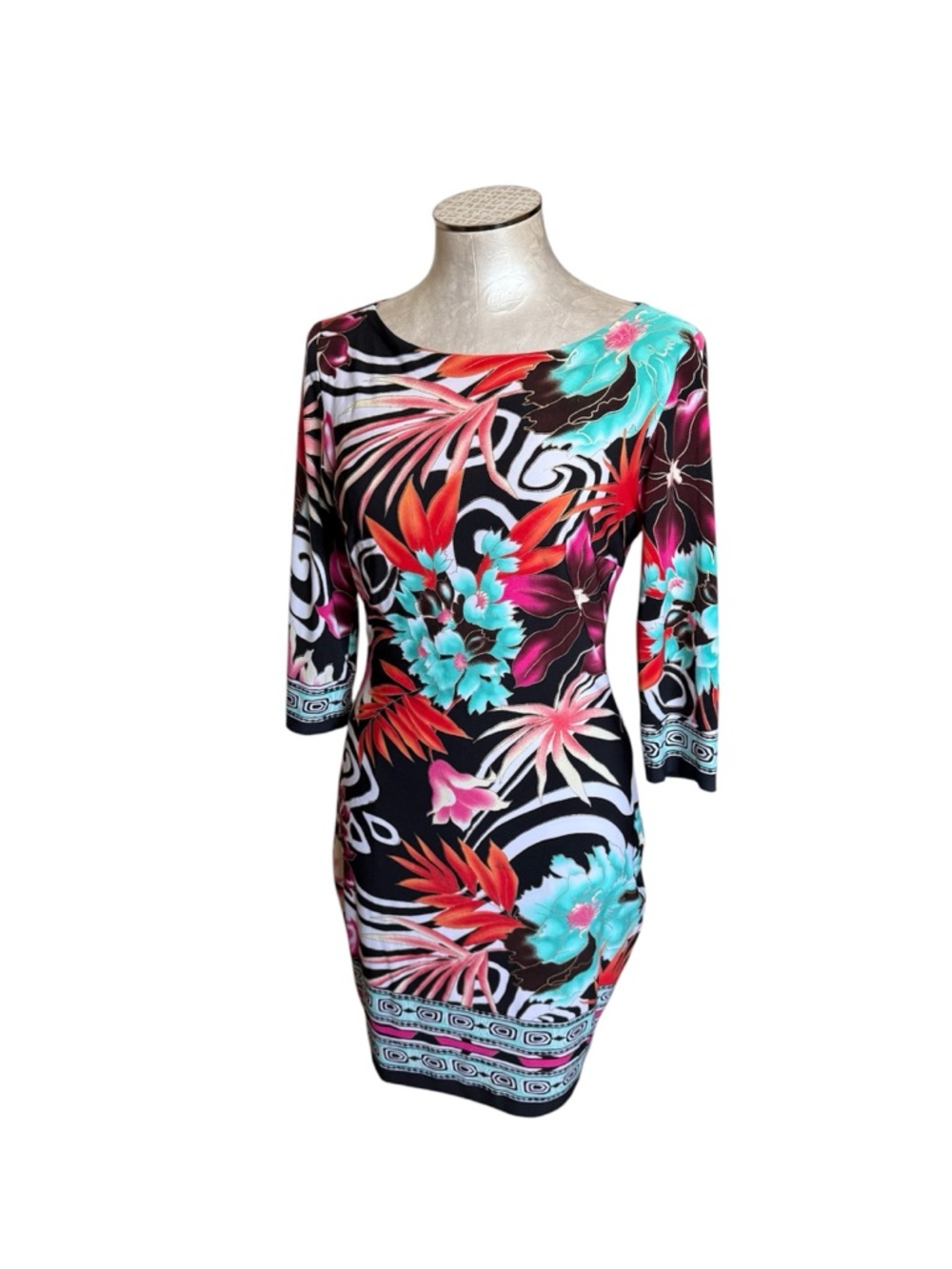 Caché Tropical Floral Sheath Dress Black Teal Coral 3/4 Sleeve Size 6 Like New